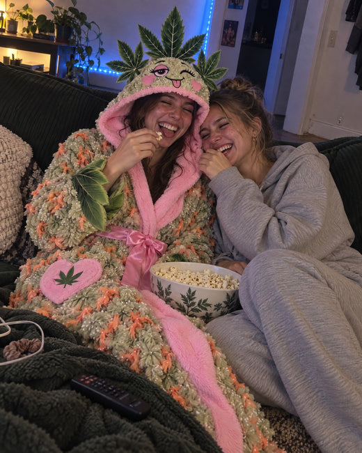 Two friends laughing on a couch, one in the Wake & Cozy robe