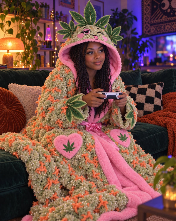 Gaming on the couch in the Wake & Cozy robe, hood up