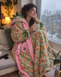 Morning coffee in a window nook wrapped in the robe