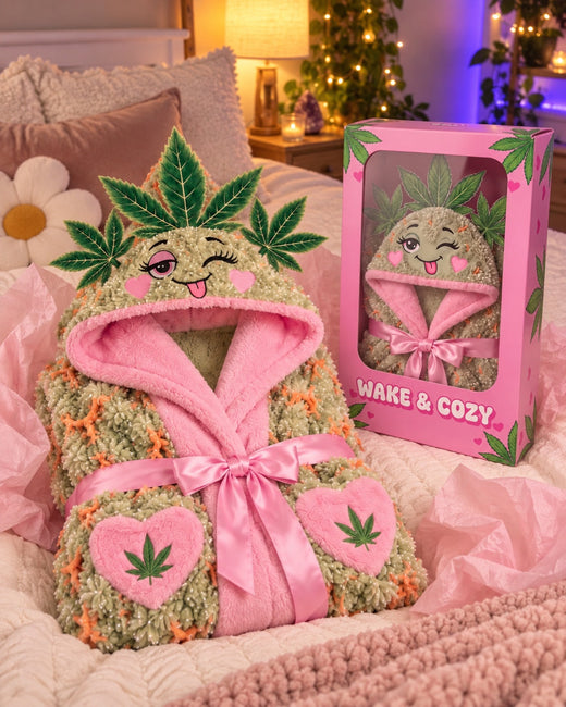Folded Wake & Cozy robe beside its pink gift box
