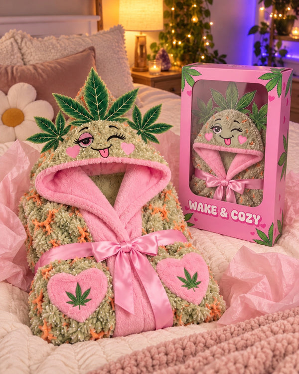 Folded Wake & Cozy robe beside its pink gift box