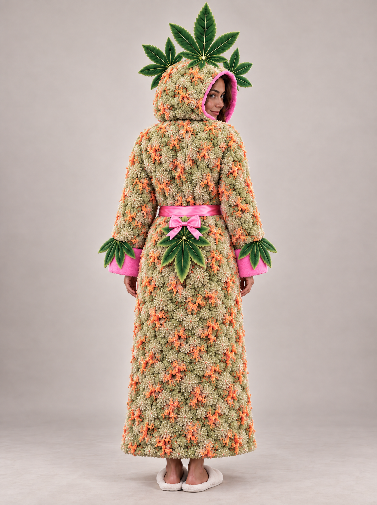 Wake & Cozy Bud Robe, back with fan-leaf crown