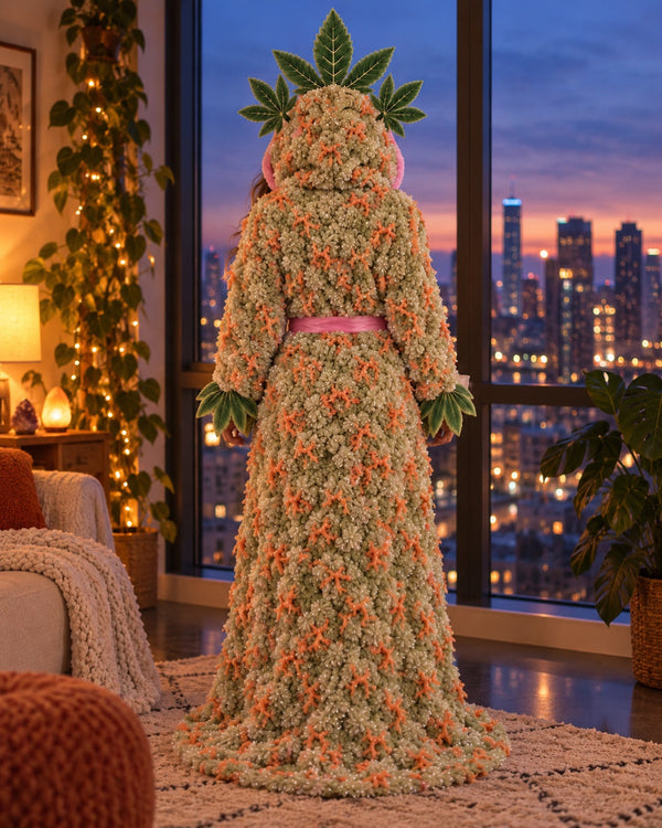 Wake & Cozy robe from behind, leaf crown hood up, city window at dusk
