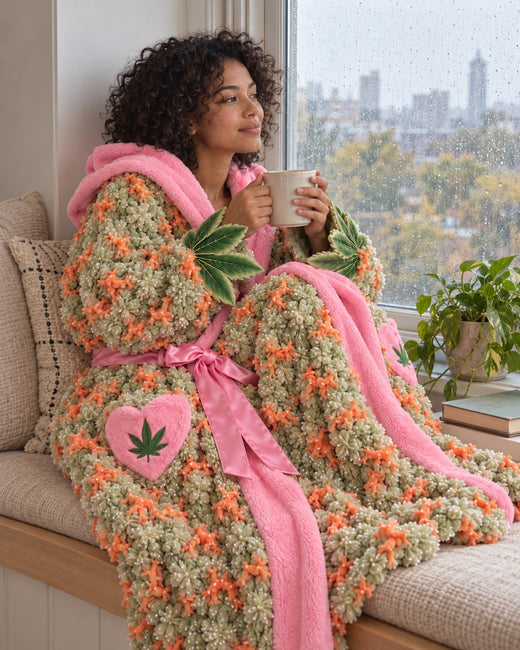 Morning coffee in a window nook wrapped in the robe