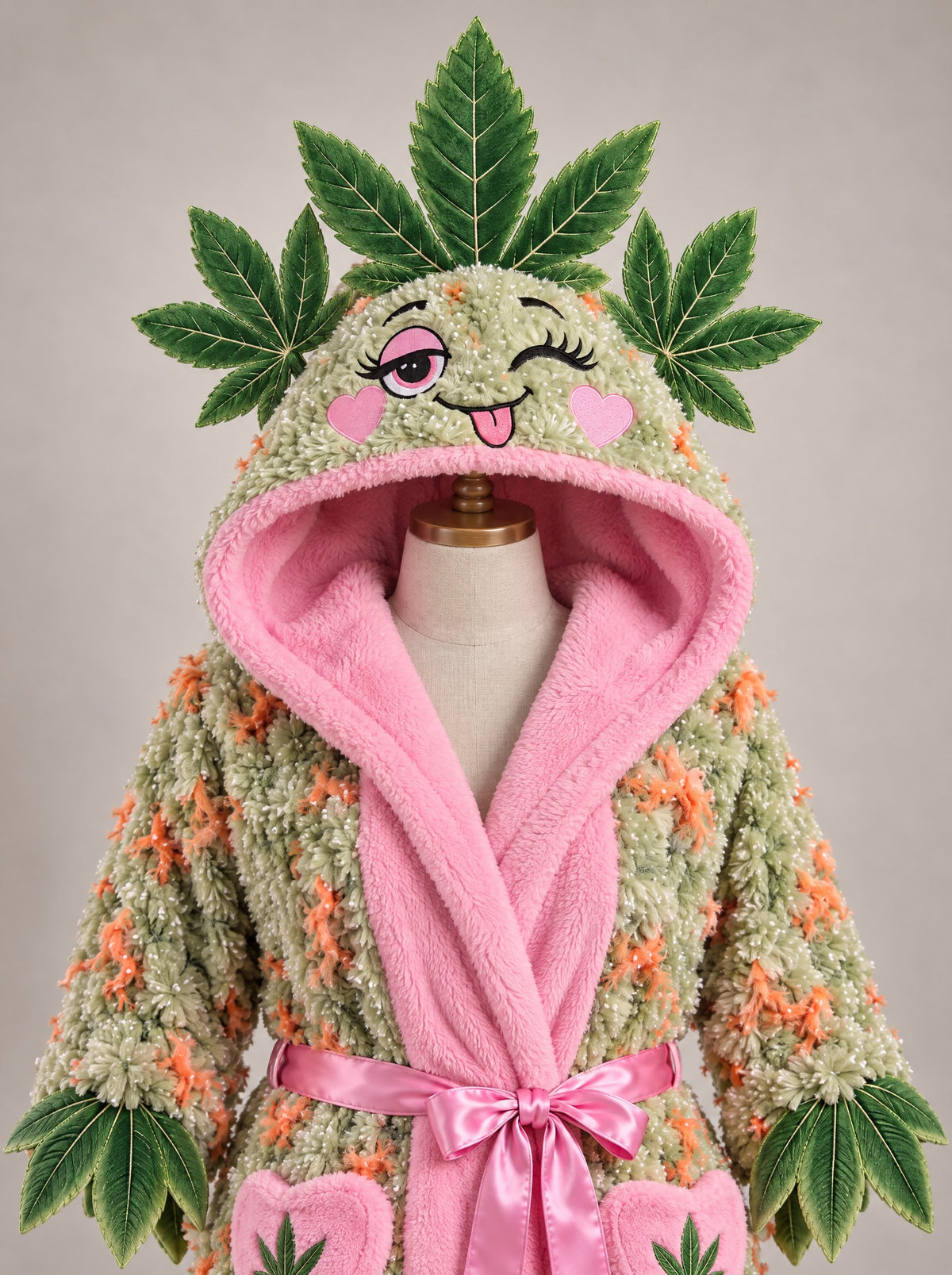 Bud hood with winking face and fan-leaf crown